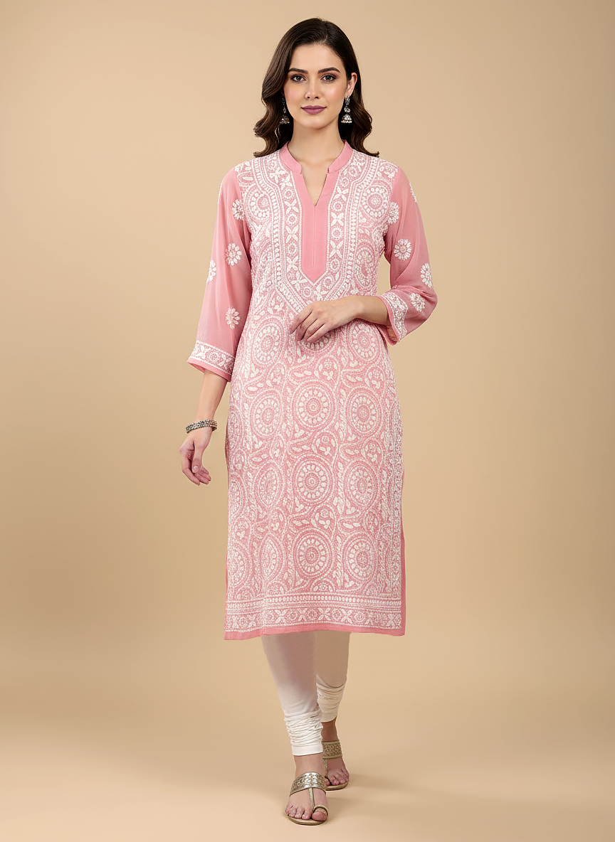 Peach Georgette Chikankari Straight Kurti