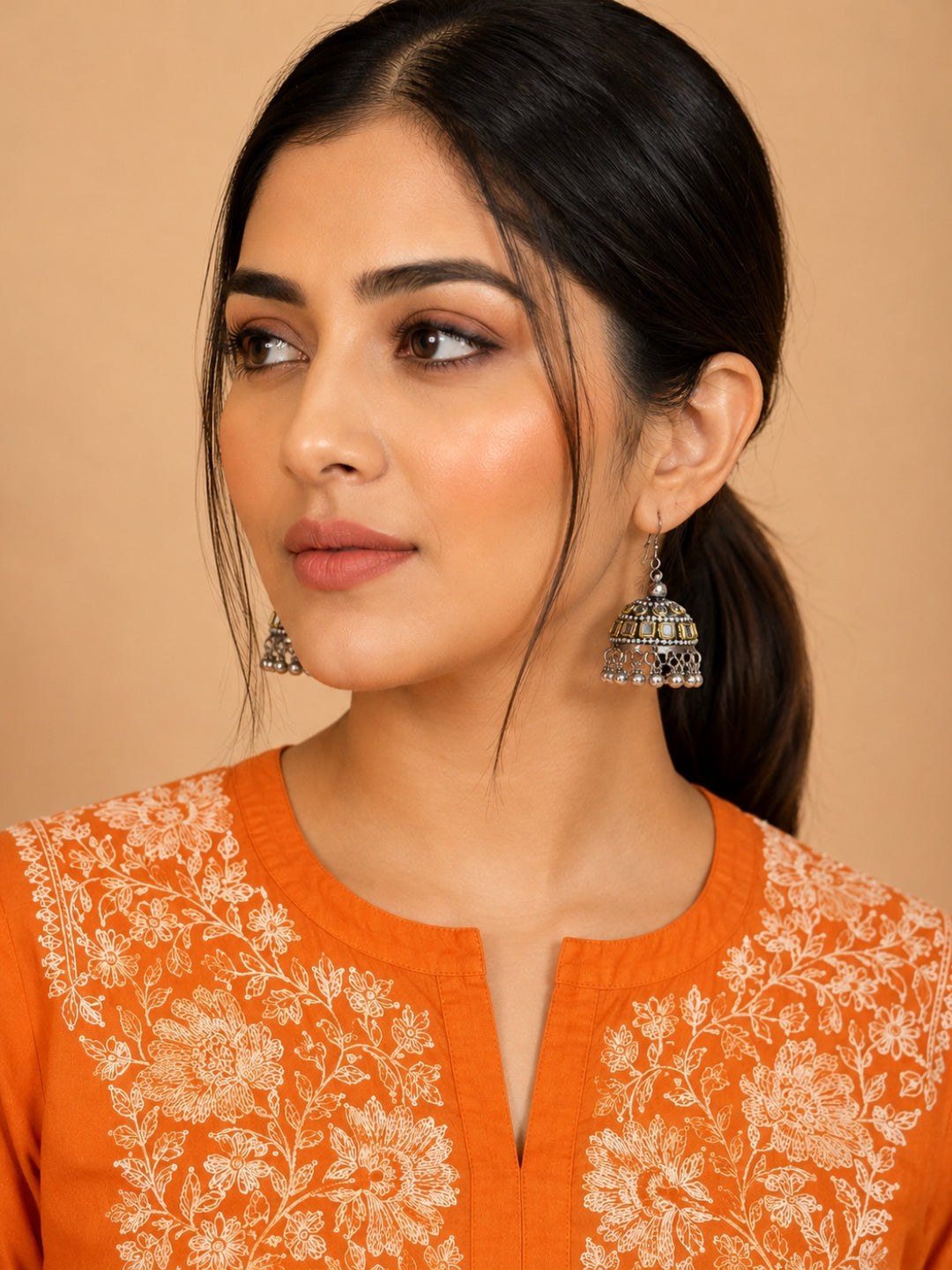 Noor Kundan Oxidised Silver-Tone Jhumka Earrings
