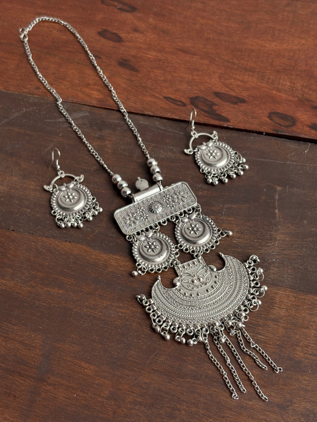 Banjara Oxidised Silver-Tone Statement Necklace & Earrings Set