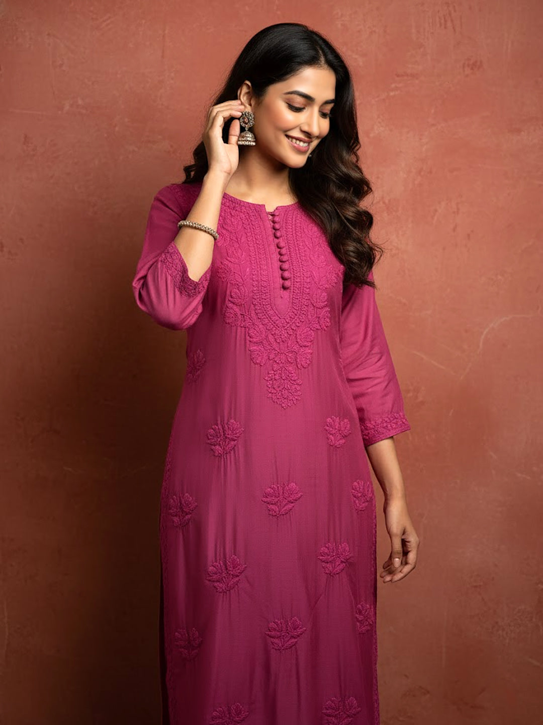 Hot Pink Muslin Chikankari Straight Kurti