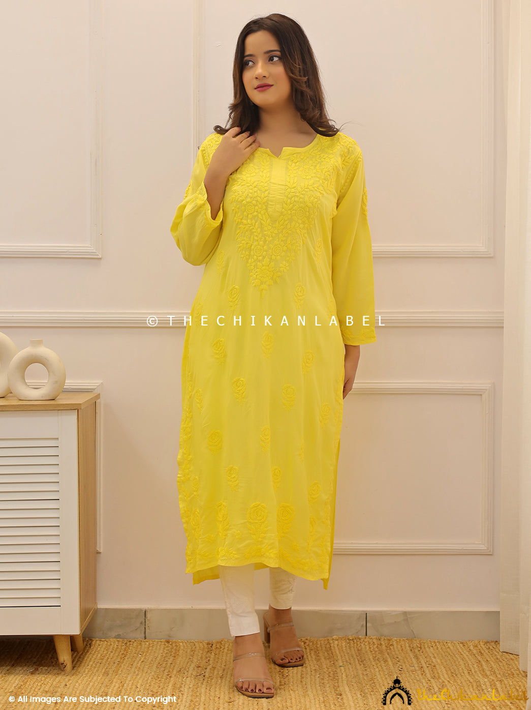 Yellow Modal Chikankari Straight Kurti