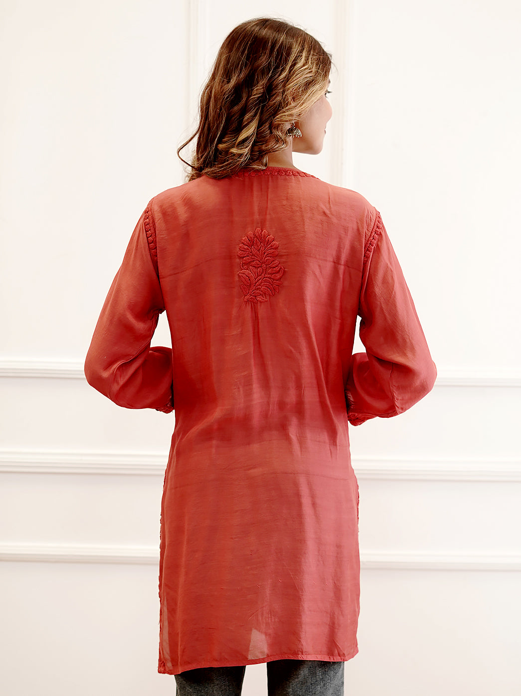 Red Muslin Chikankari Short Kurti