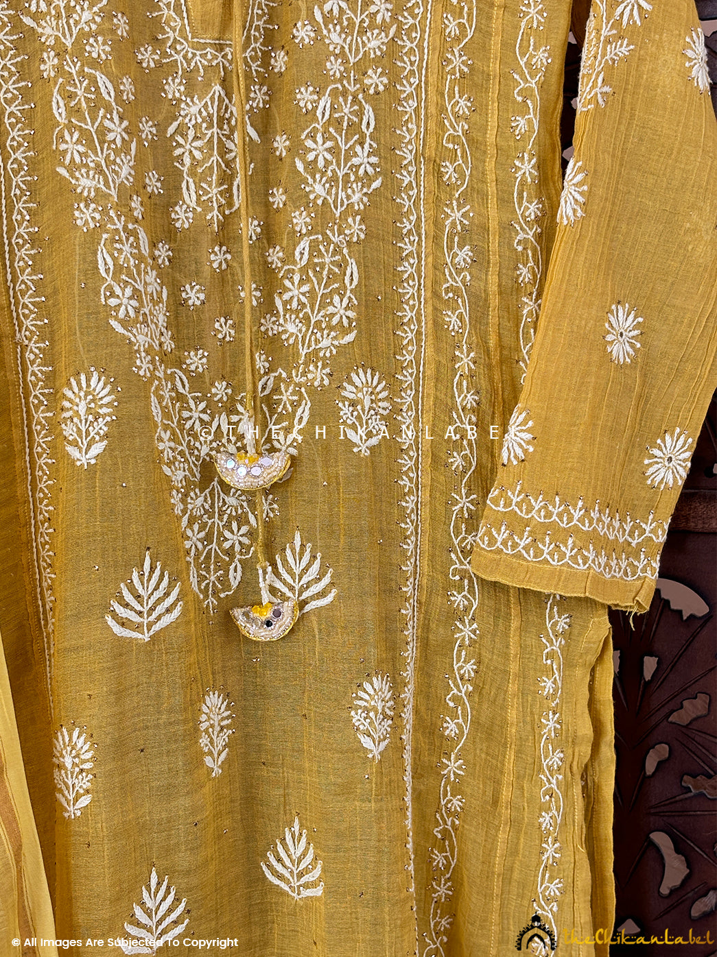 Yellow Roomi Tissue Silk Chikankari Straight Kurti With Dupatta