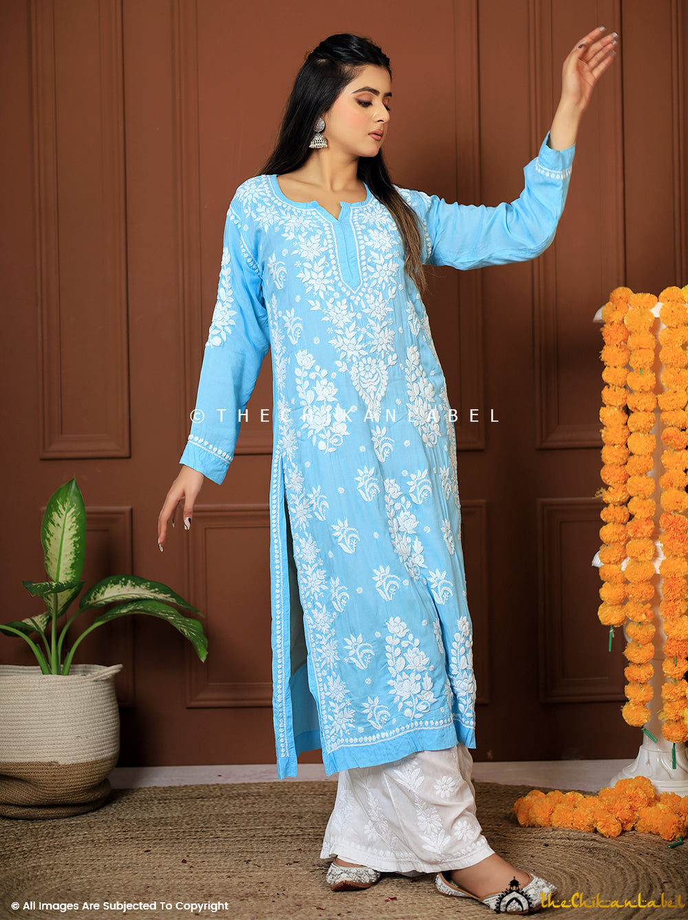 Powder Blue Nahida Modal Chikankari Straight Kurti