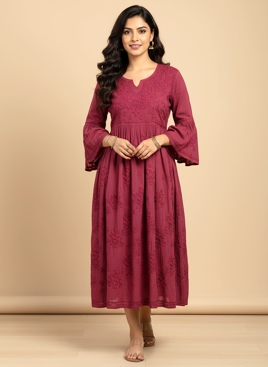 Maroon Cotton Chikankari A-Line Kurti