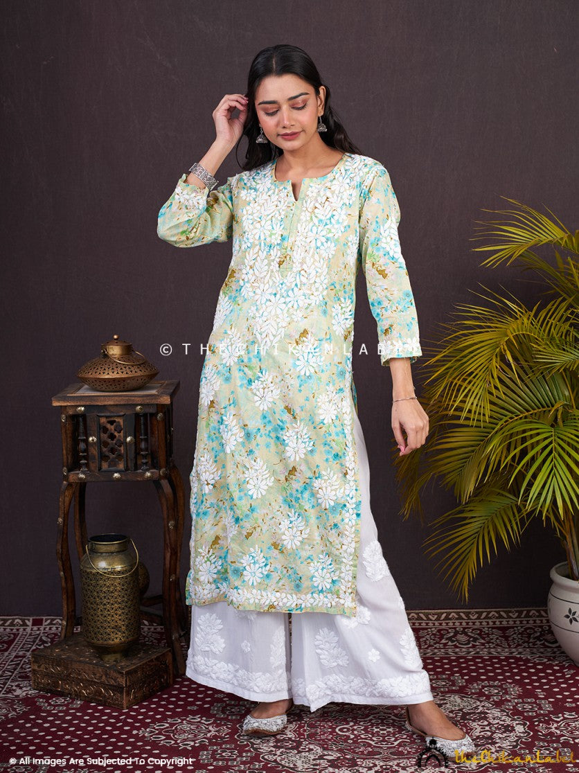 Green Sabiha Mulmul Chikankari Straight Kurti ,Chikankari Straight Kurti in Mulmul  fabric for woman