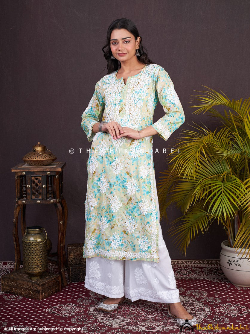 Green Sabiha Mulmul Chikankari Straight Kurti ,Chikankari Straight Kurti in Mulmul fabric for woman