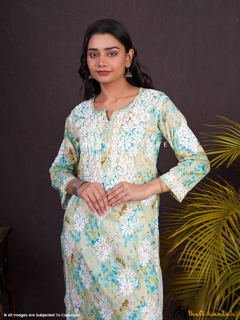 Green Sabiha Mulmul Chikankari Straight Kurti ,Chikankari Straight Kurti in Mulmul fabric for woman
