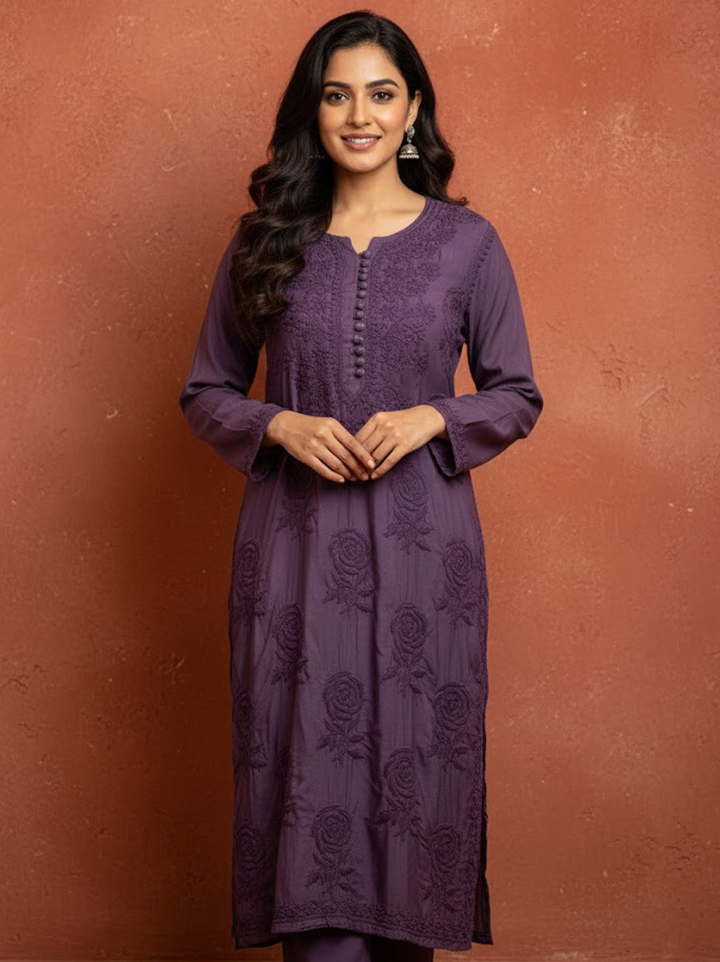 Mauve Muslin Chikankari Straight Kurti