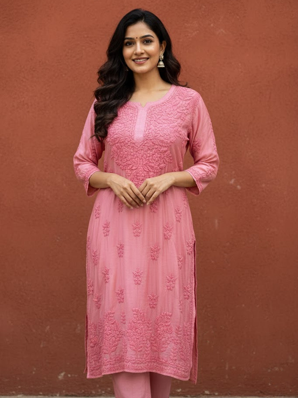 Bubblegum Muslin Chikankari Straight Kurti