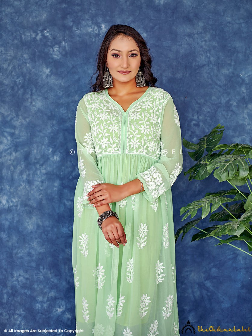 Green Georgette Chikankari Anarkali Kurta ,Chikankari Anarkali Kurta in Georgette Fabric for Woman