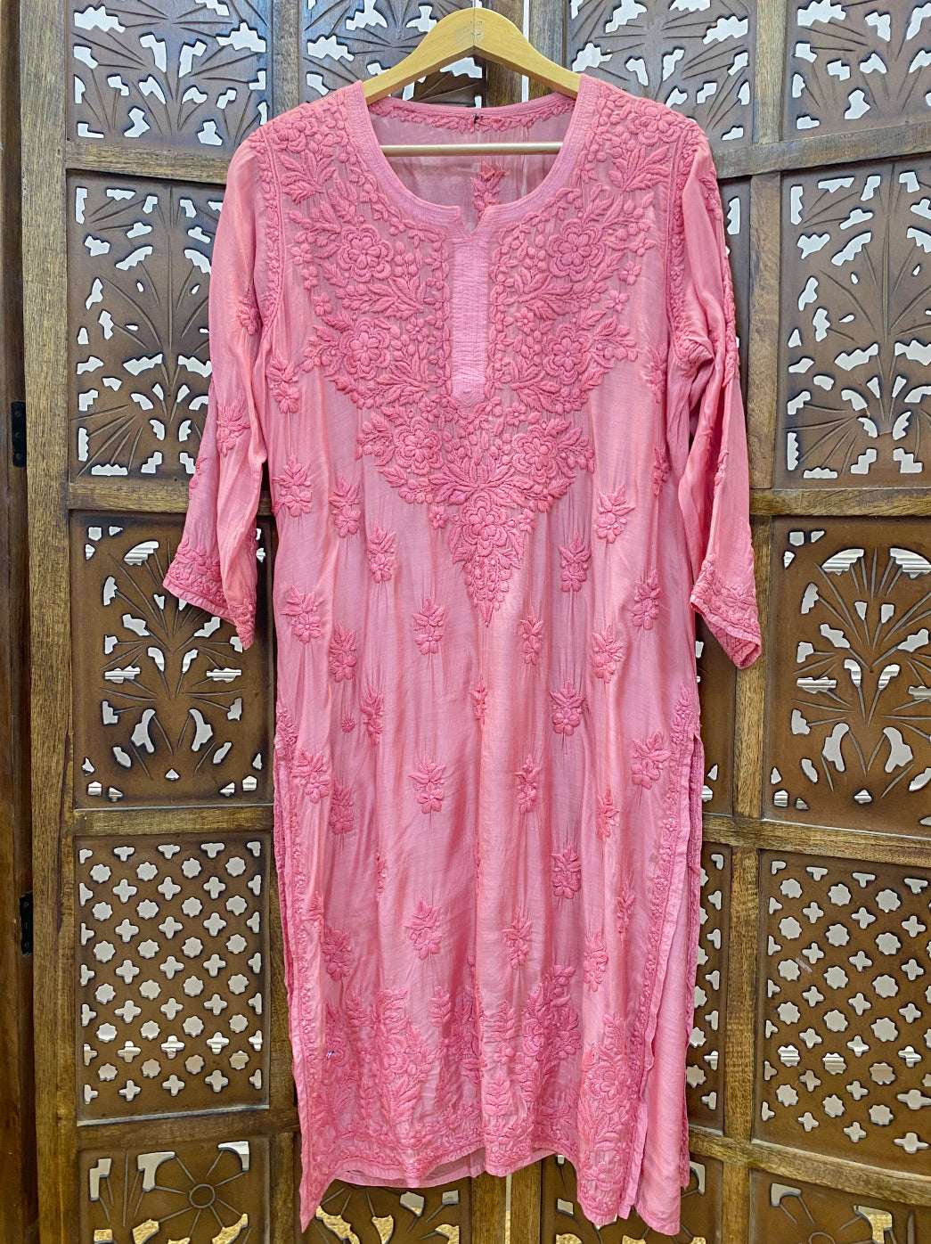 Bubblegum Muslin Chikankari Straight Kurti