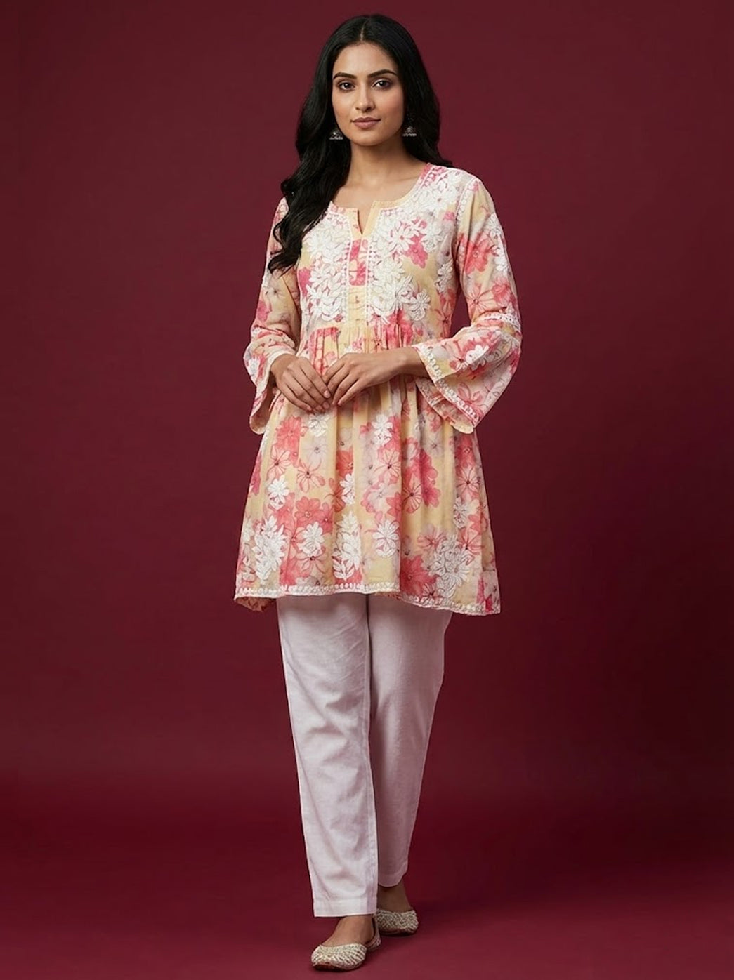 Beige Mulmul Printed Chikankari Short Top