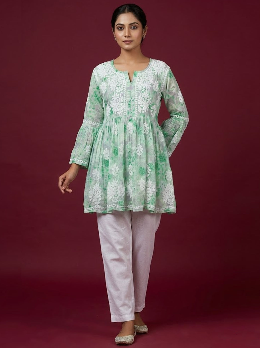 Green Mulmul Printed Chikankari Short Top