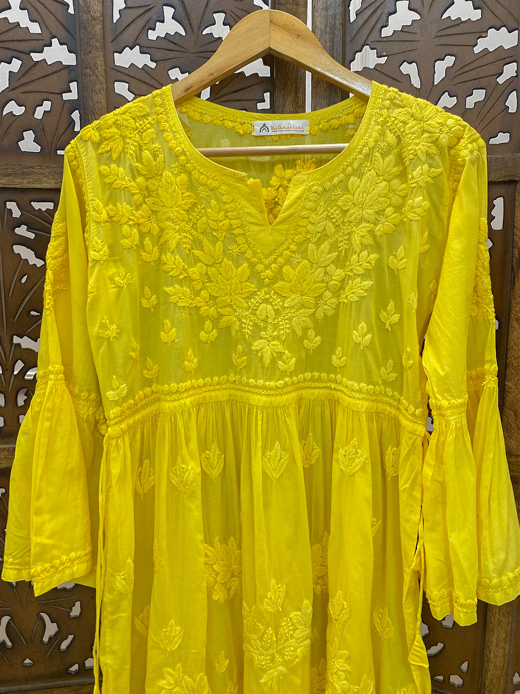 Yellow Mulmul Chikankari A-Line Kurti