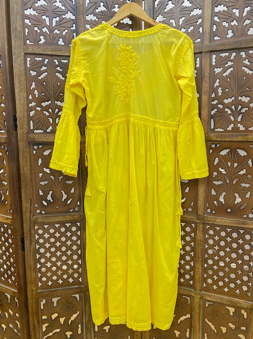 Yellow Mulmul Chikankari A-Line Kurti