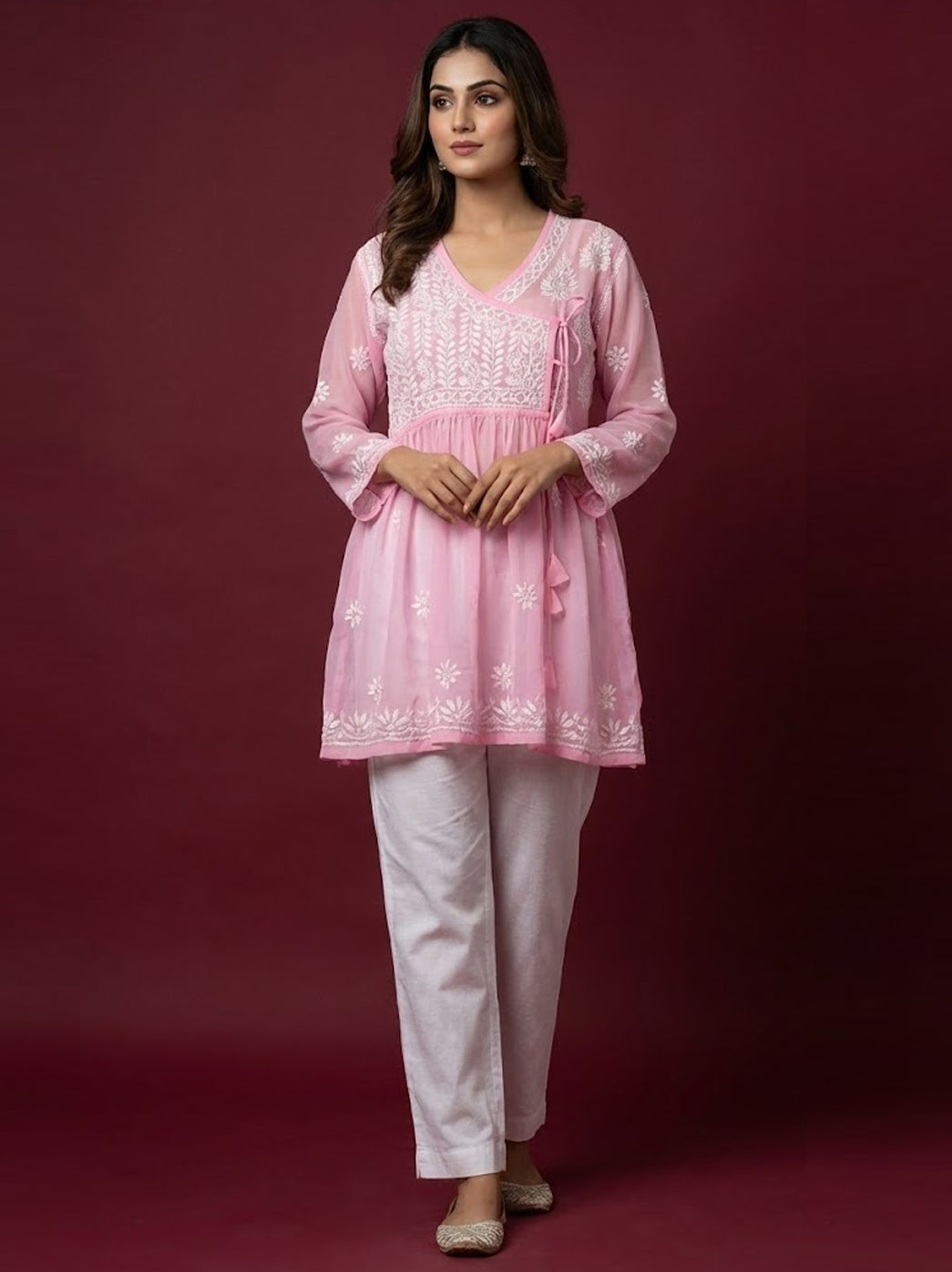 Baby Pink Georgette Chikankari Short Angarkha