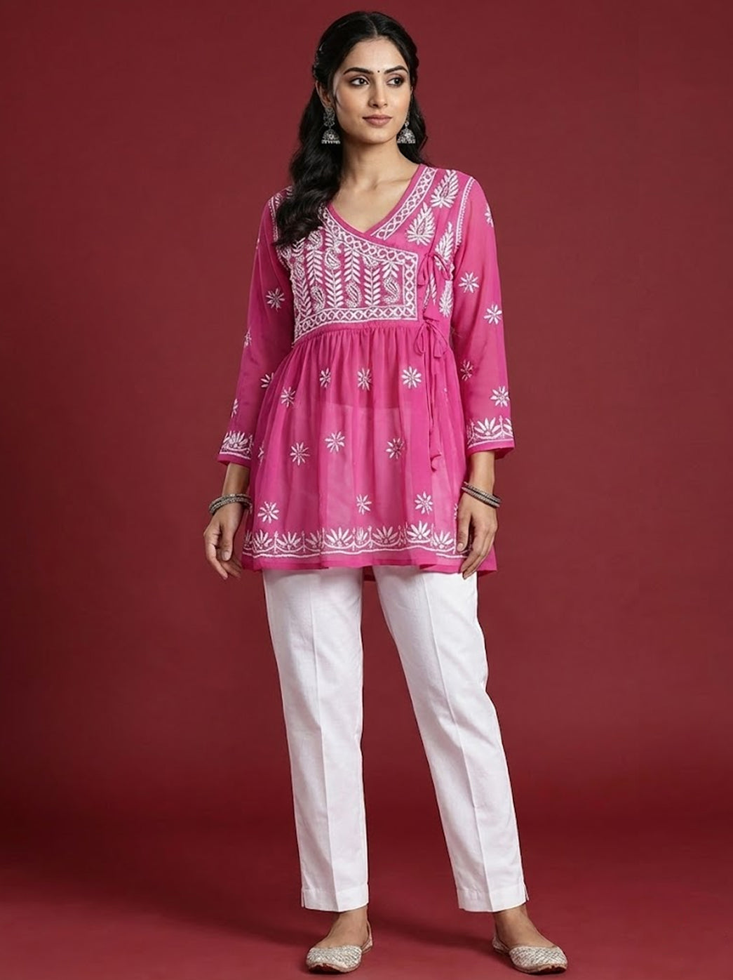 Rani Pink Georgette Chikankari Short Angarkha