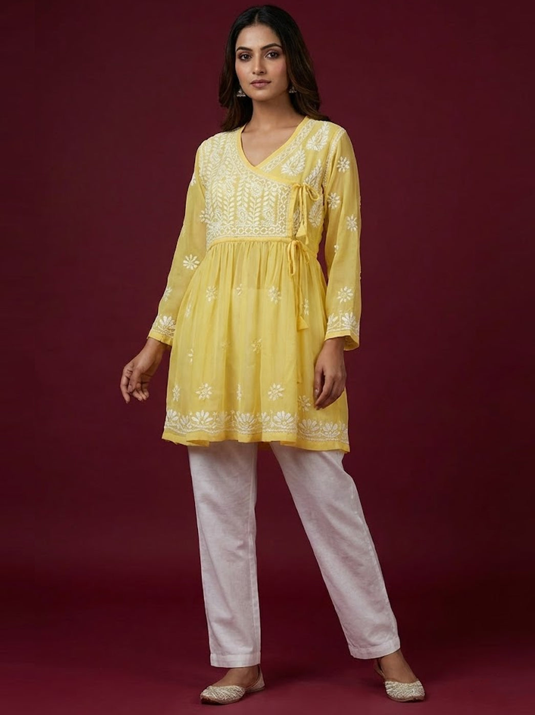 Yellow Georgette Chikankari Short Angarkha