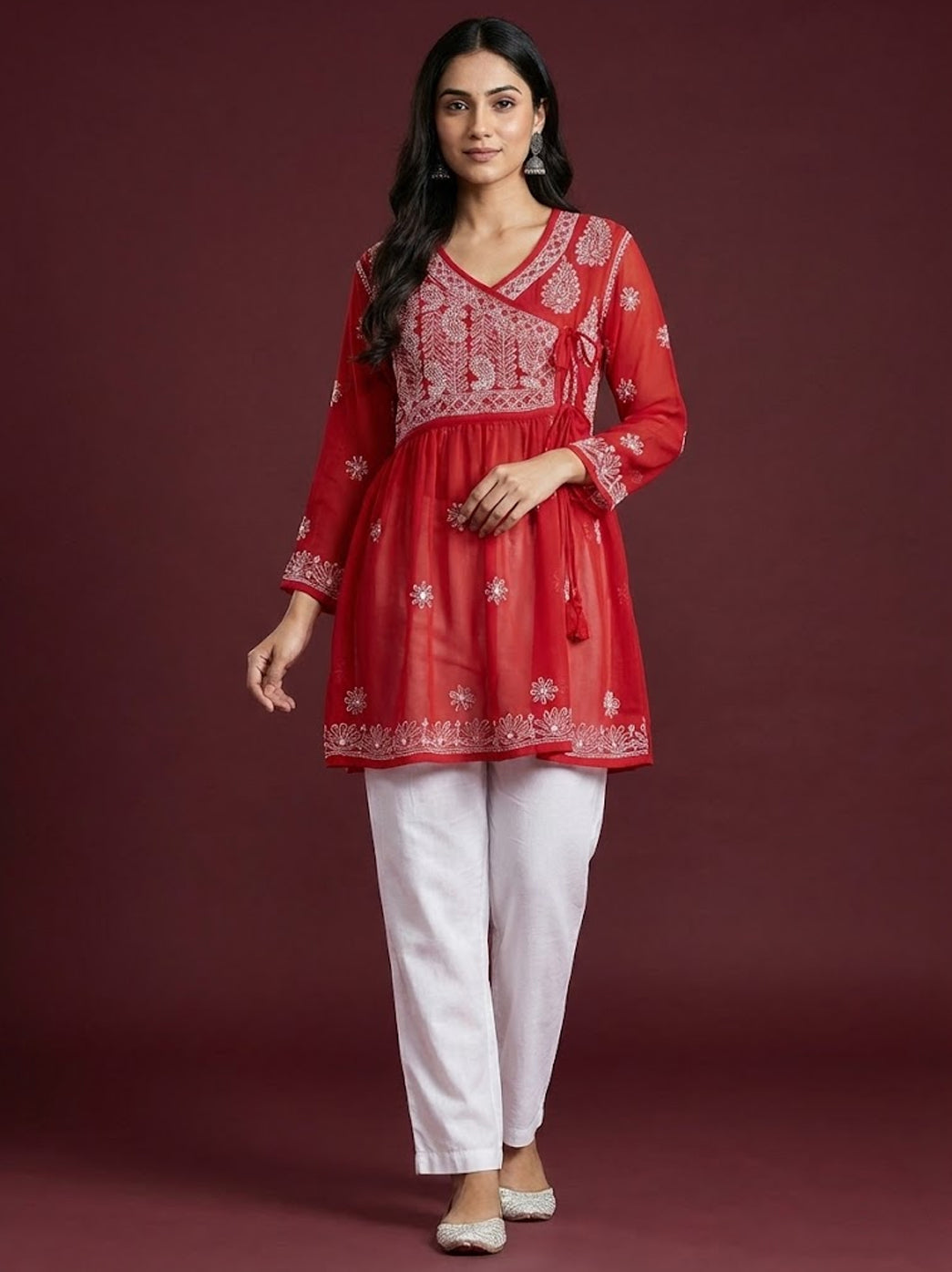 Red Georgette Chikankari Short Angarkha