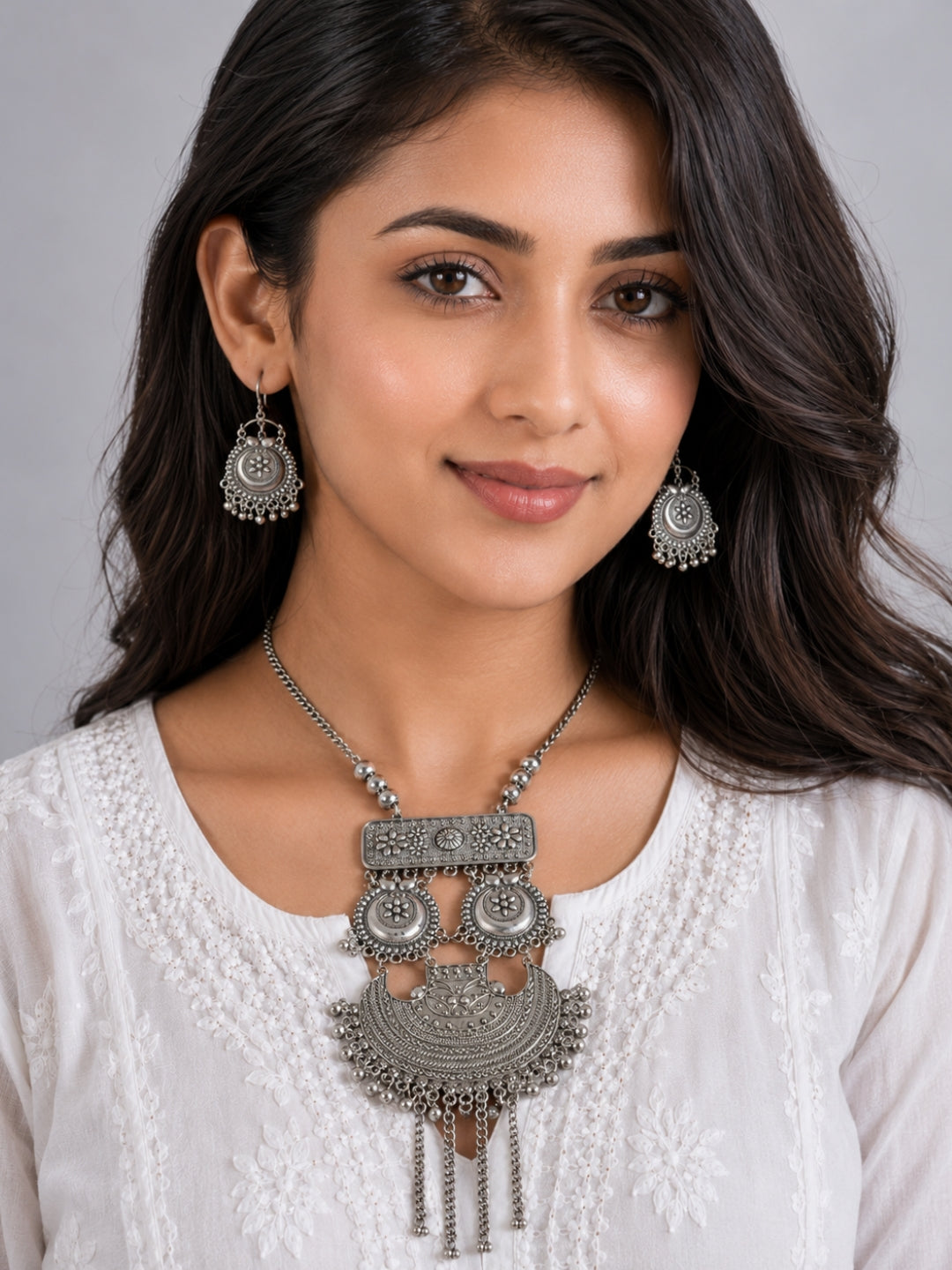 Banjara Oxidised Silver-Tone Statement Necklace & Earrings Set