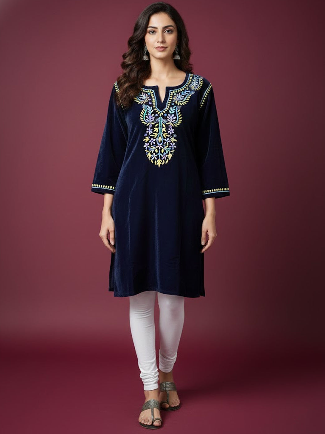 Zehra Velvet Chikankari Short Kurti - Blue
