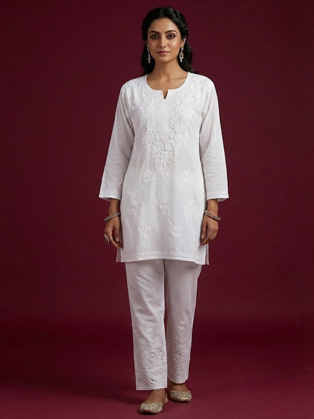 Anayra Rayon Chikankari Short Top - White