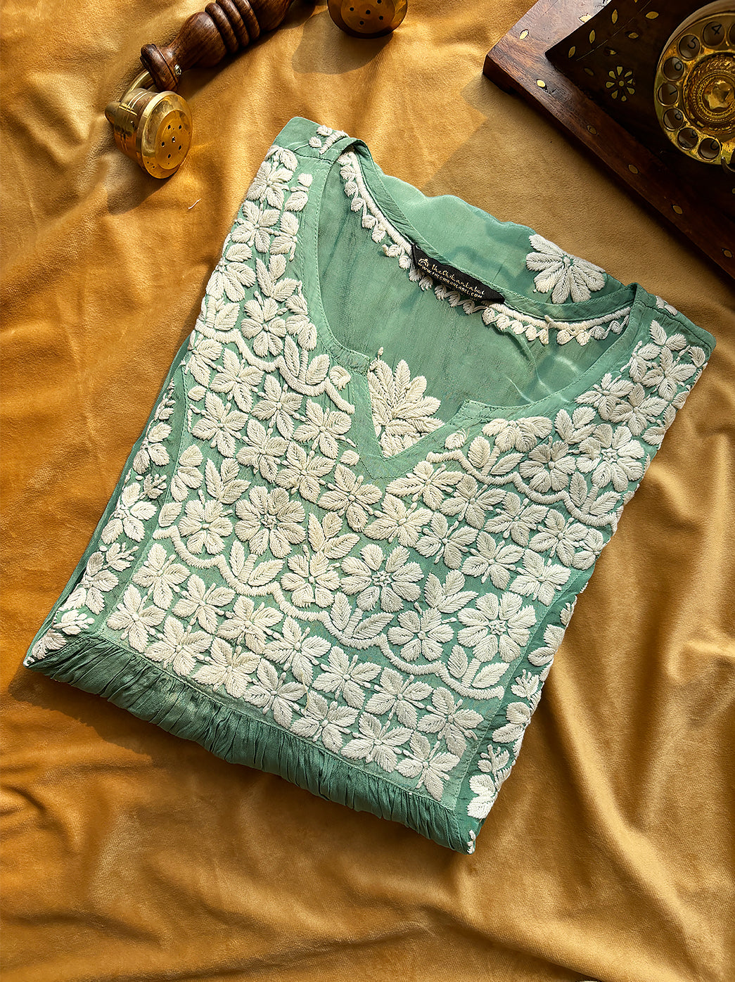 Green Samina Crepe Straight Chikankari Kurti