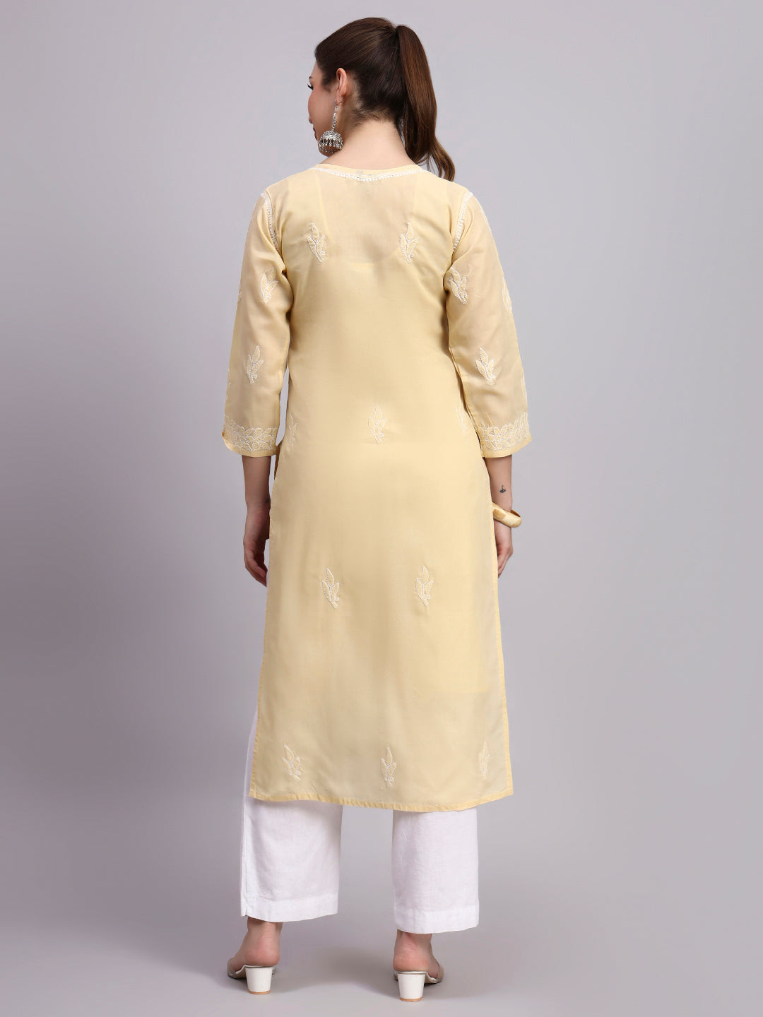 Women ethnic kurta with straight fit silhouette and detailed Chikankari work ideal for modern traditional looks