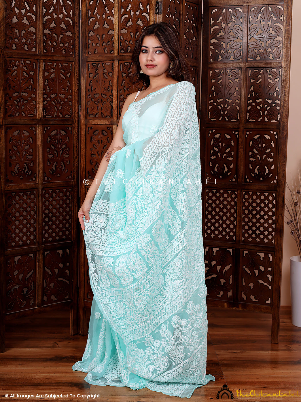 Sea Green Hamna Georgette Chikankari Saree