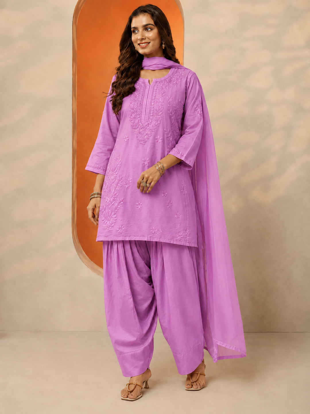 Kashvi Chanderi Chikankari Kurta Farshi Salwar Set with Dupatta - Lavender