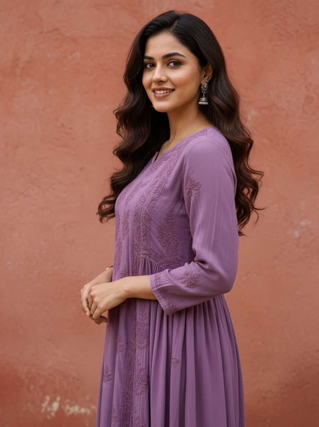 Mauve Modal Chikankari A-Line Kurti