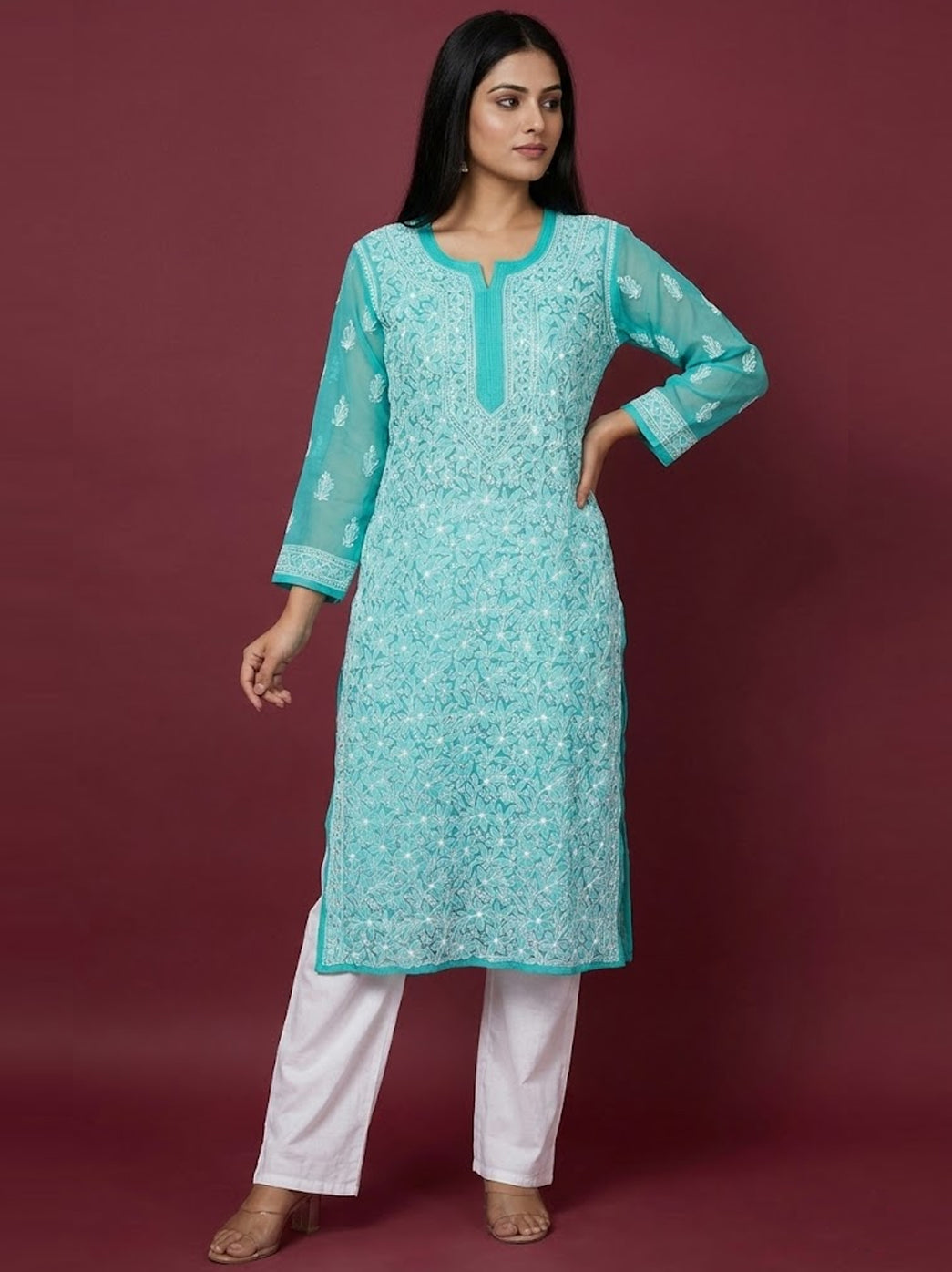 Sea Green Georgette Chikankari Straight Kurti
