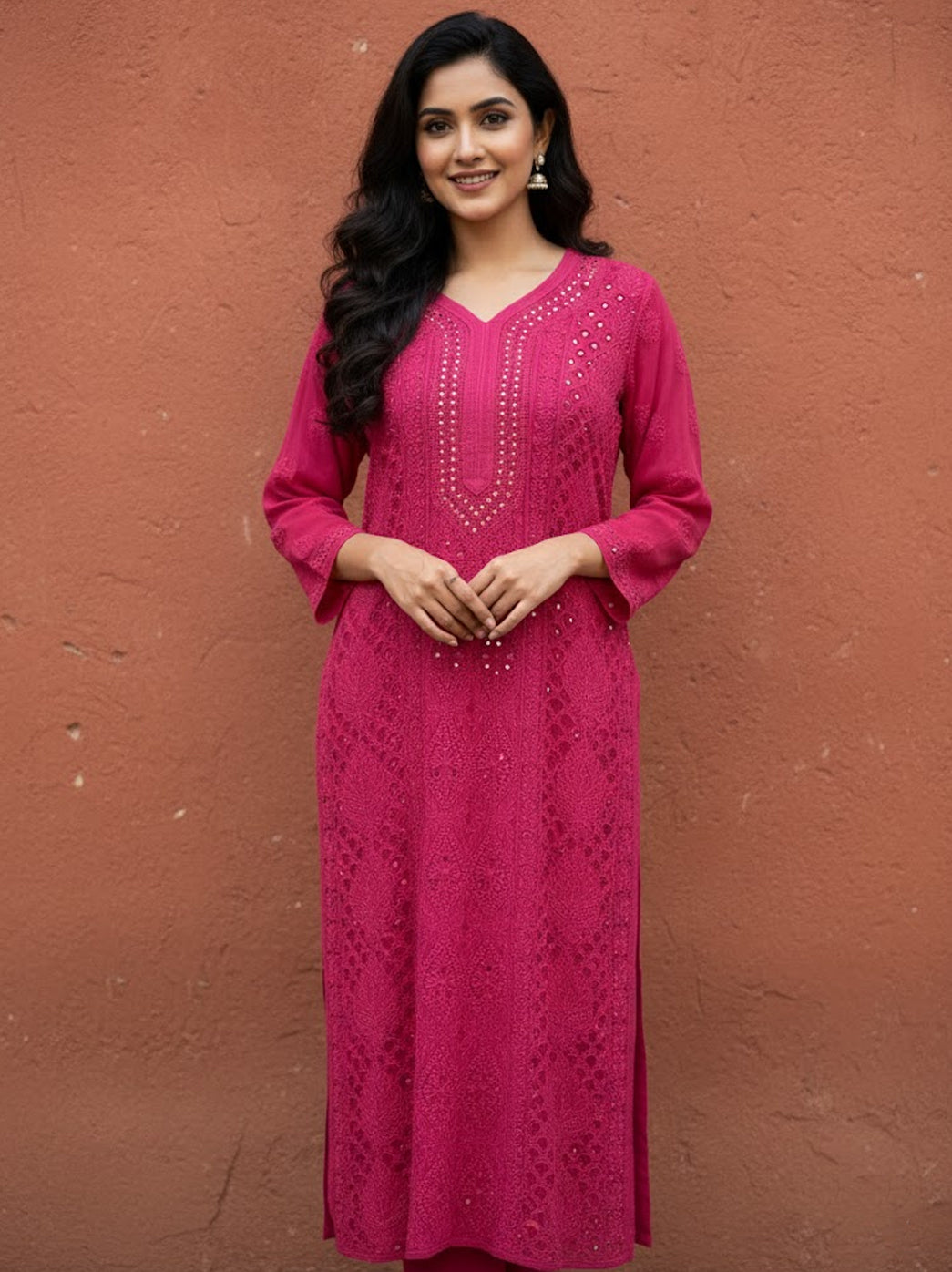 Pink Viscose Chikankari Straight Kurti