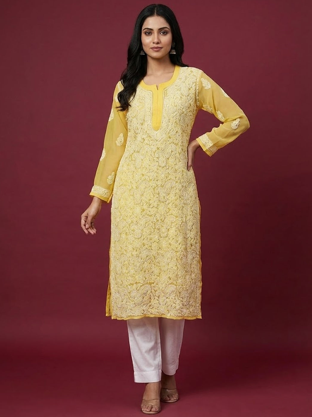 Yellow Georgette Chikankari Straight Kurti