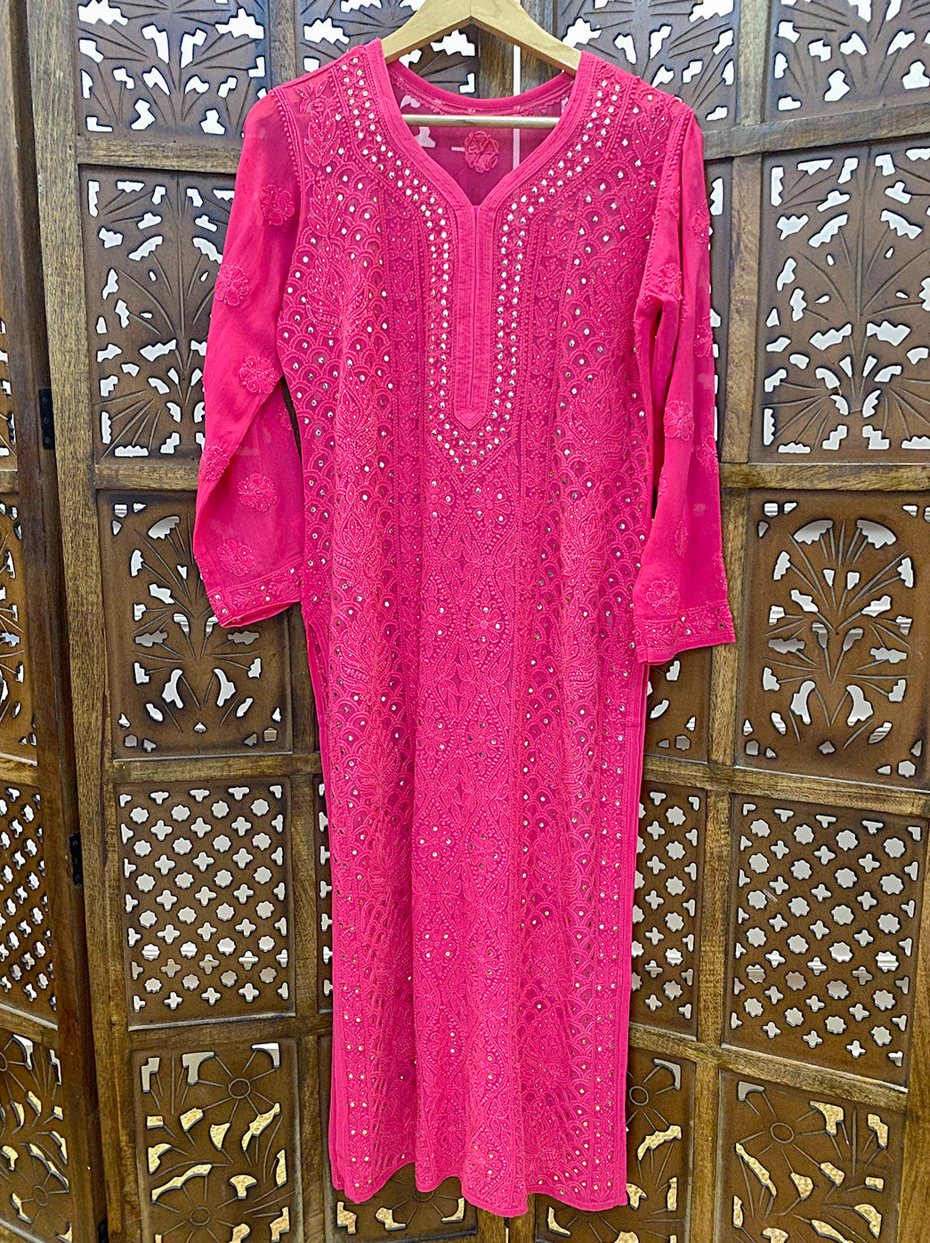 Pink Viscose Chikankari Straight Kurti