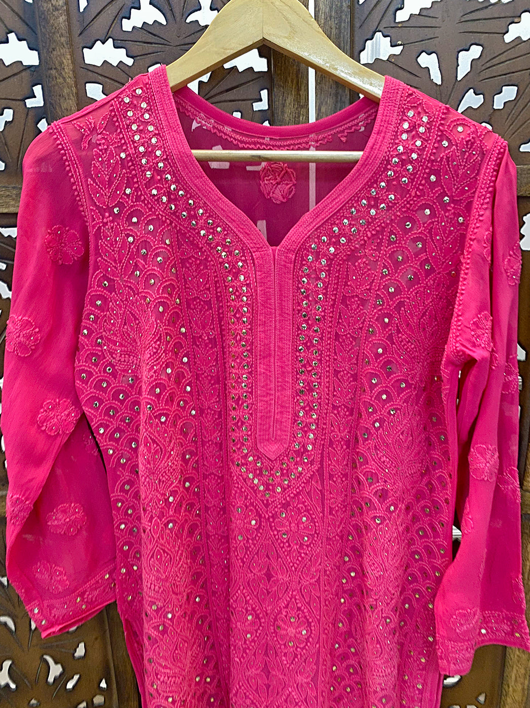 Pink Viscose Chikankari Straight Kurti