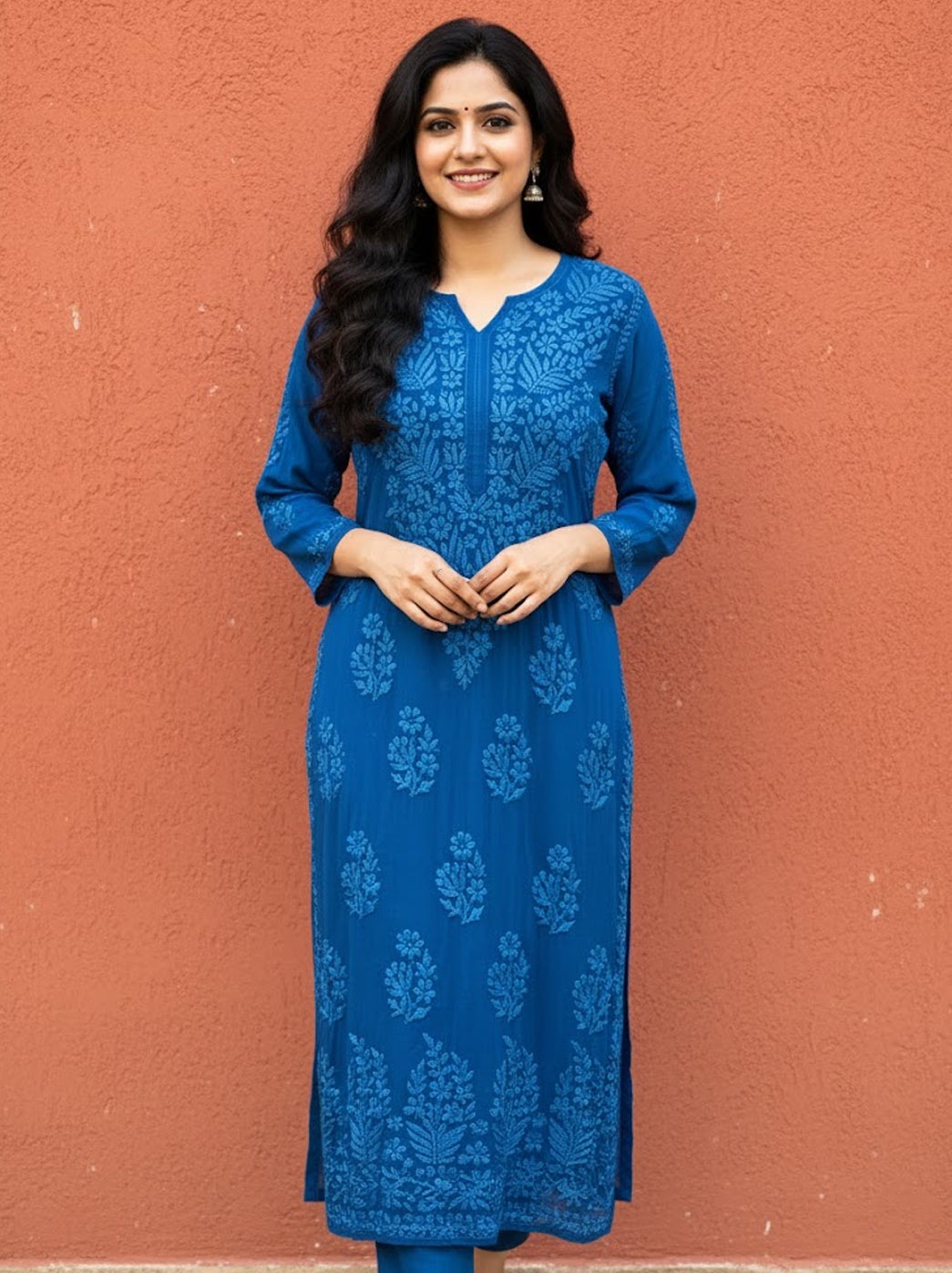 Teal Blue Viscose Chikankari Straight Kurta
