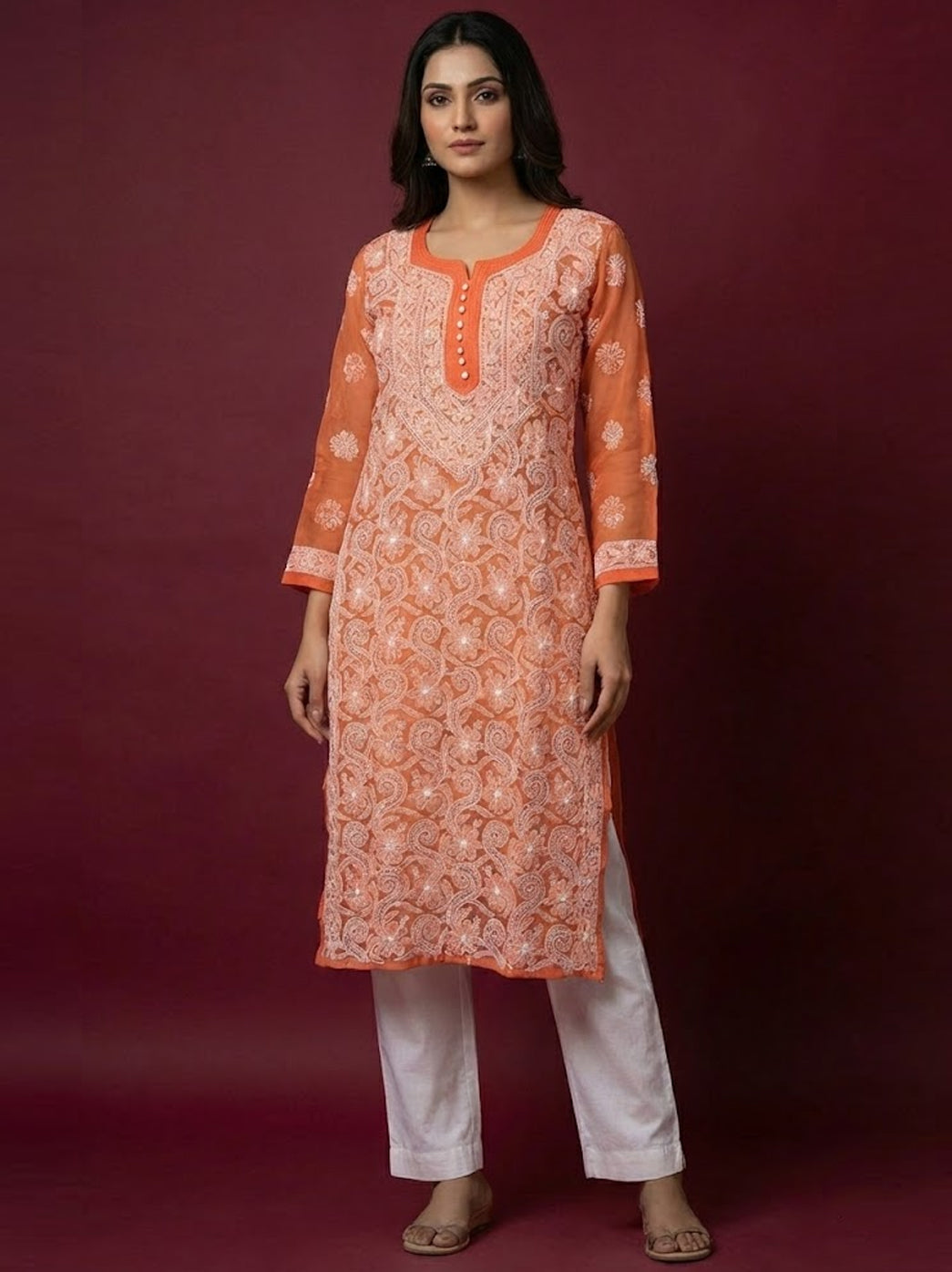 Orange Georgette Chikankari Straight Kurti