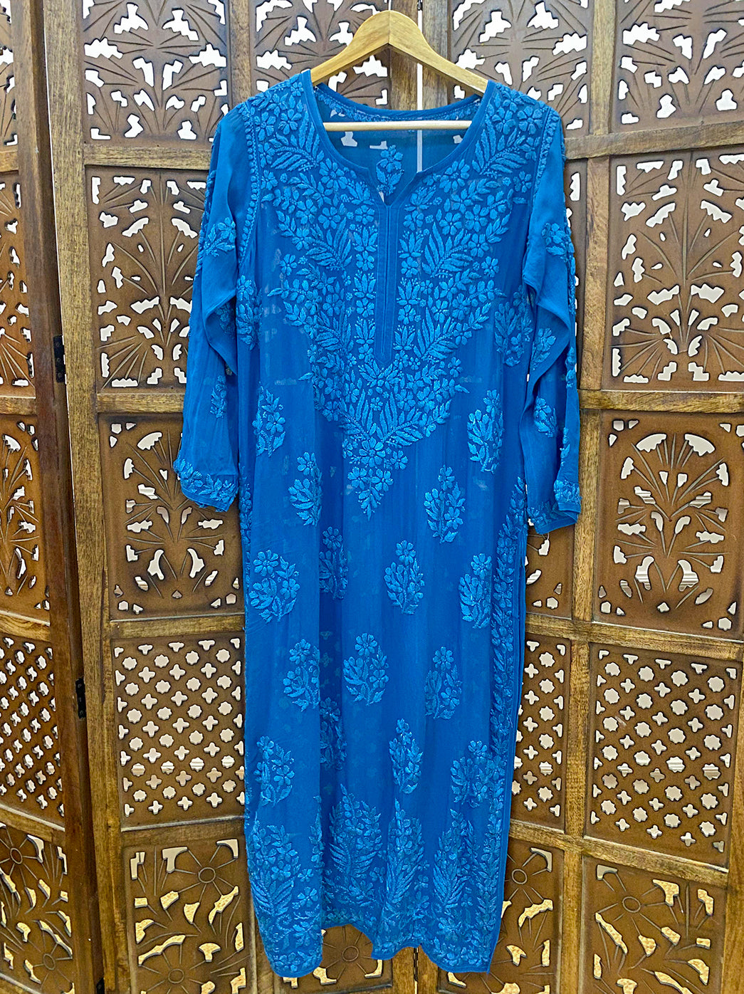 Teal Blue Viscose Chikankari Straight Kurta