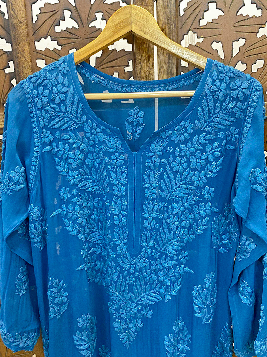 Teal Blue Viscose Chikankari Straight Kurta