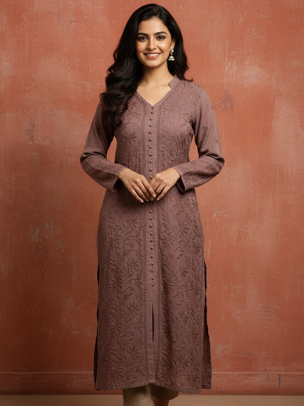 Choco Muslin Chikankari Straight Kurti