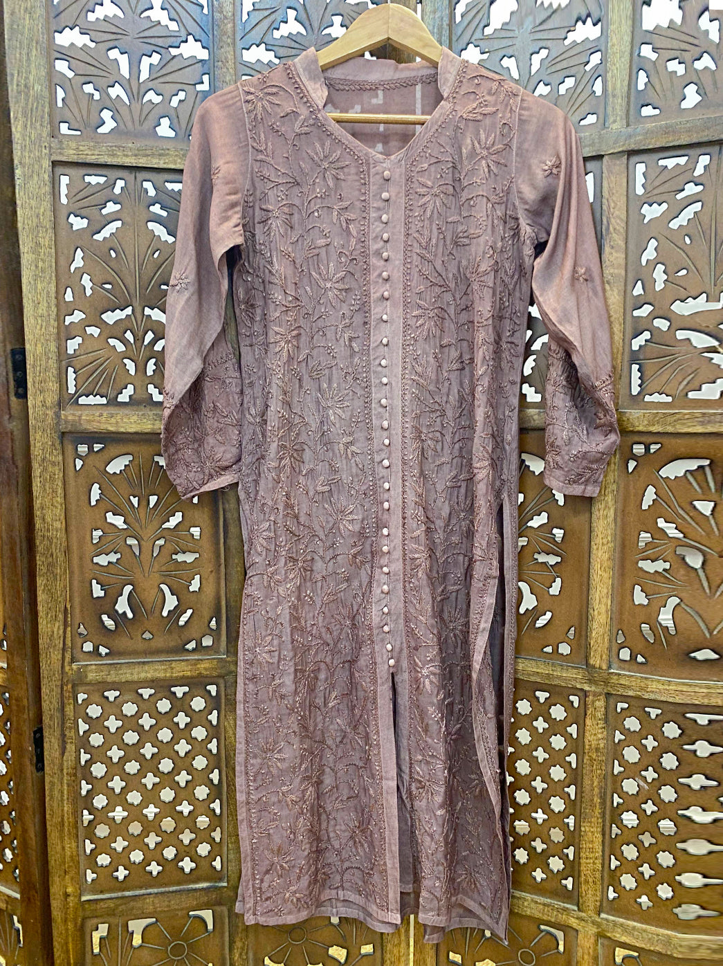Choco Muslin Chikankari Straight Kurti