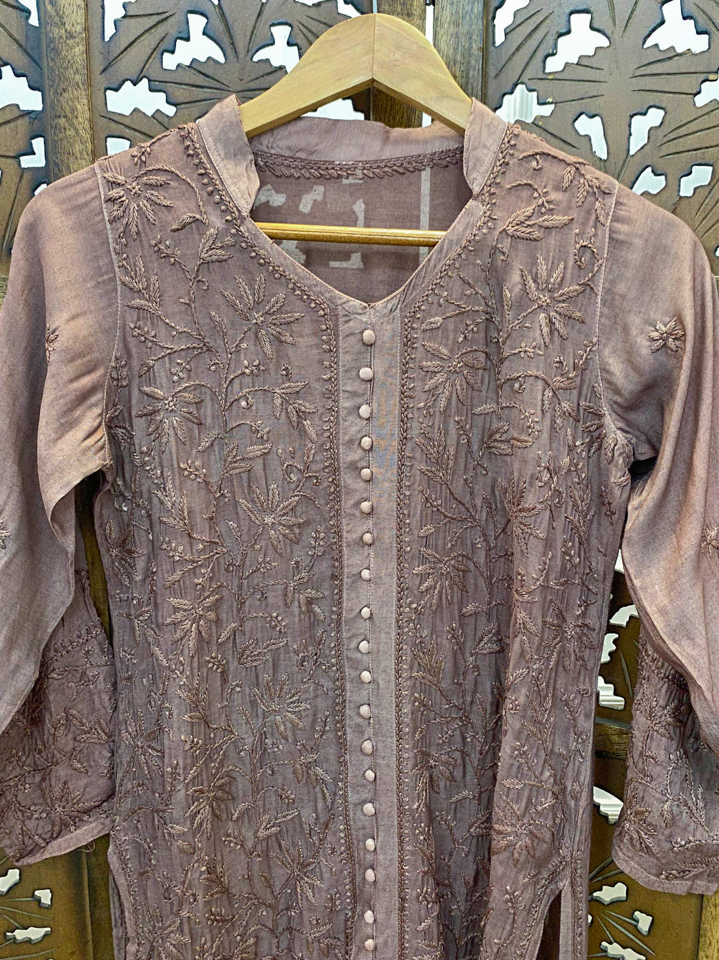 Choco Muslin Chikankari Straight Kurti