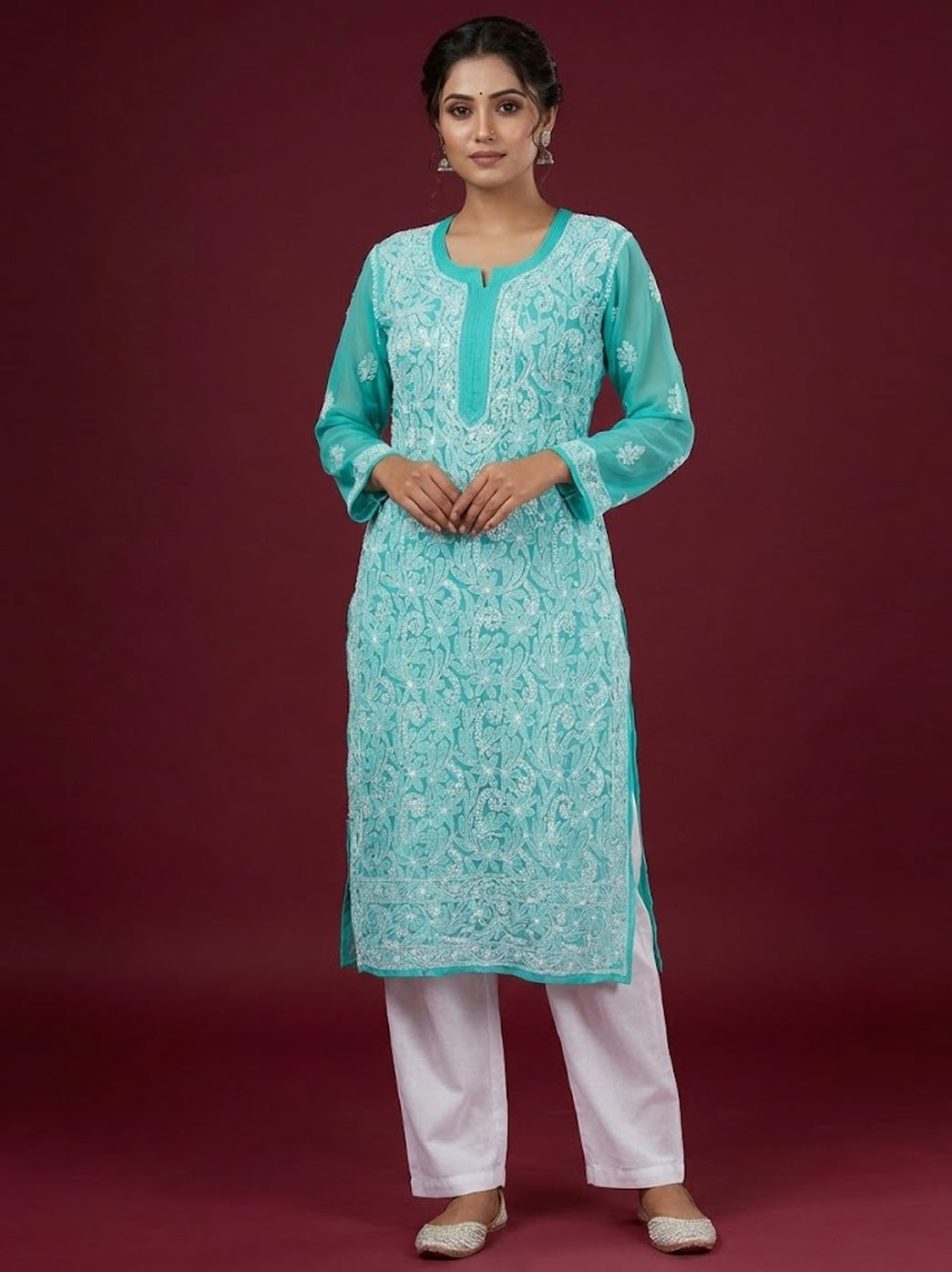 Sea Green Georgette Chikankari Straight Kurti