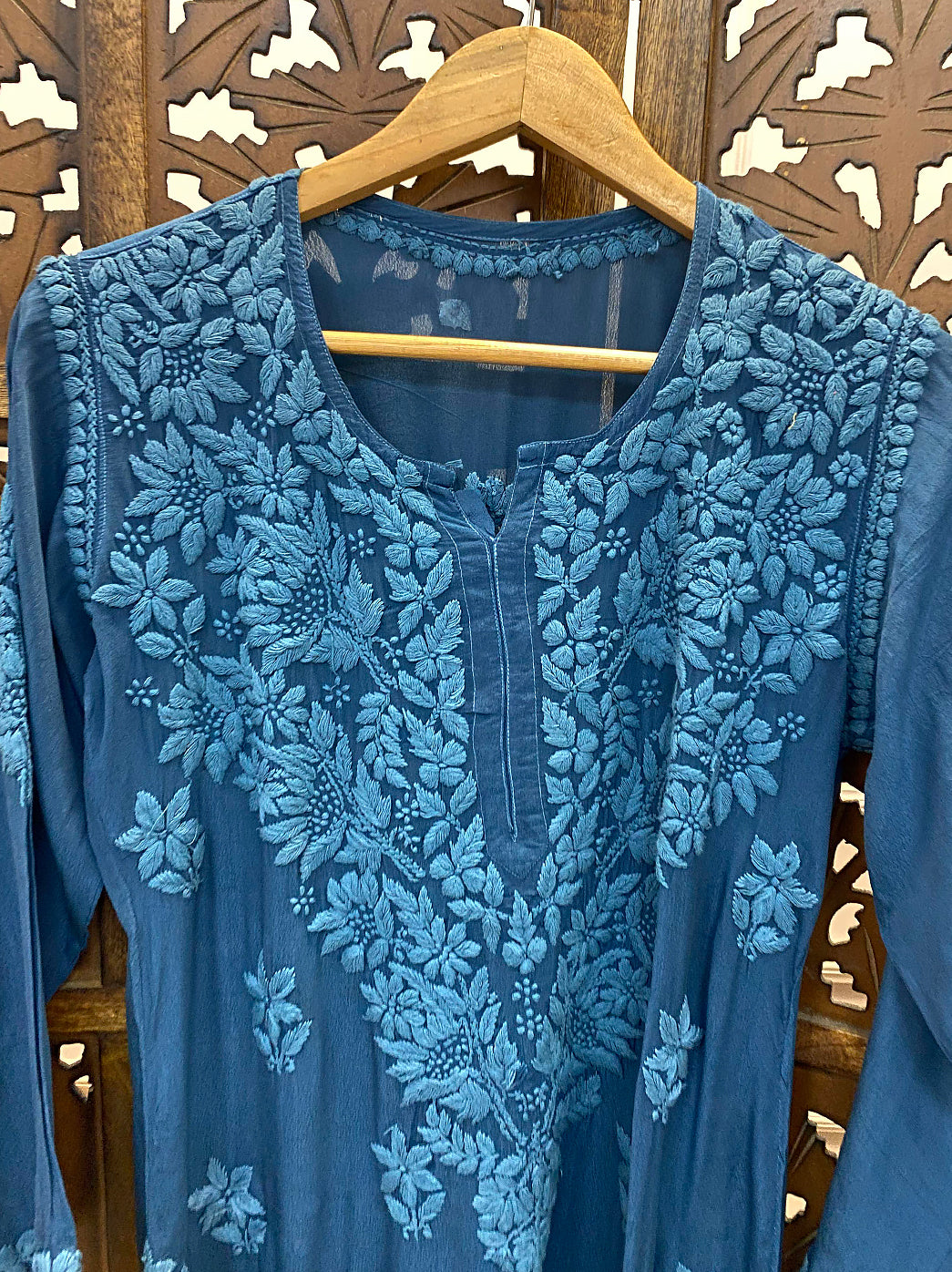 Teal Blue Crepe Chikankari Straight Kurti