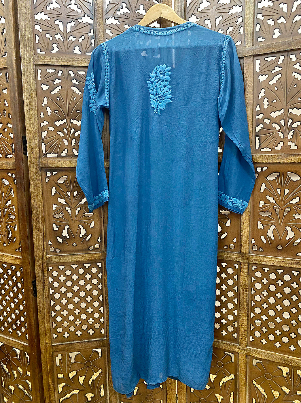 Teal Blue Crepe Chikankari Straight Kurti