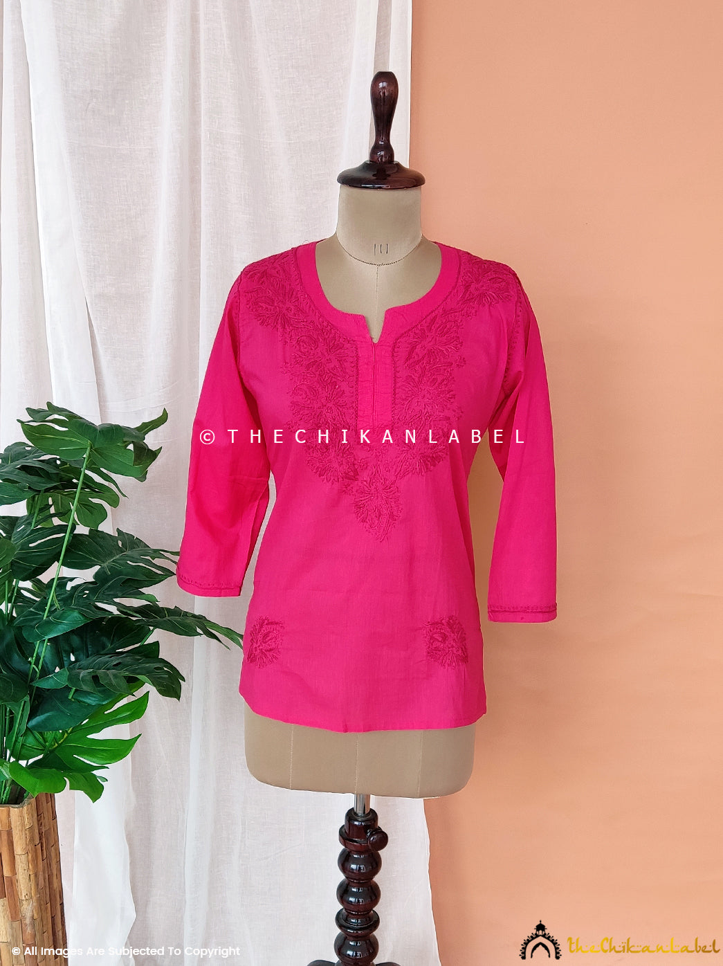 Pink Cotton Chikankari Short Tunic Top
