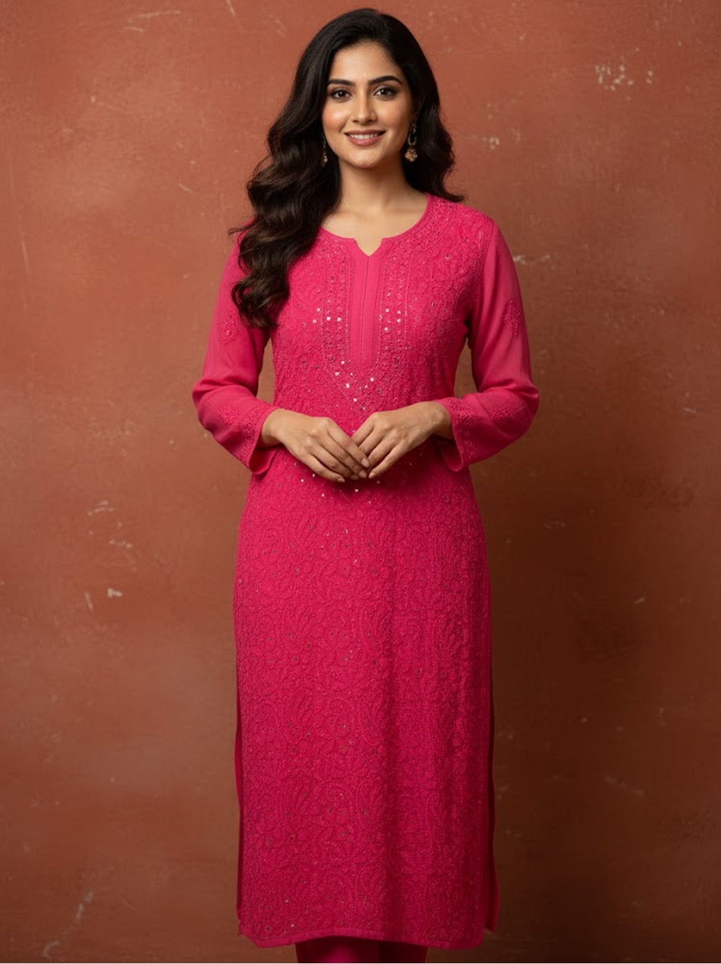 Pink Mukaish Viscose Chikankari Straight Kurti