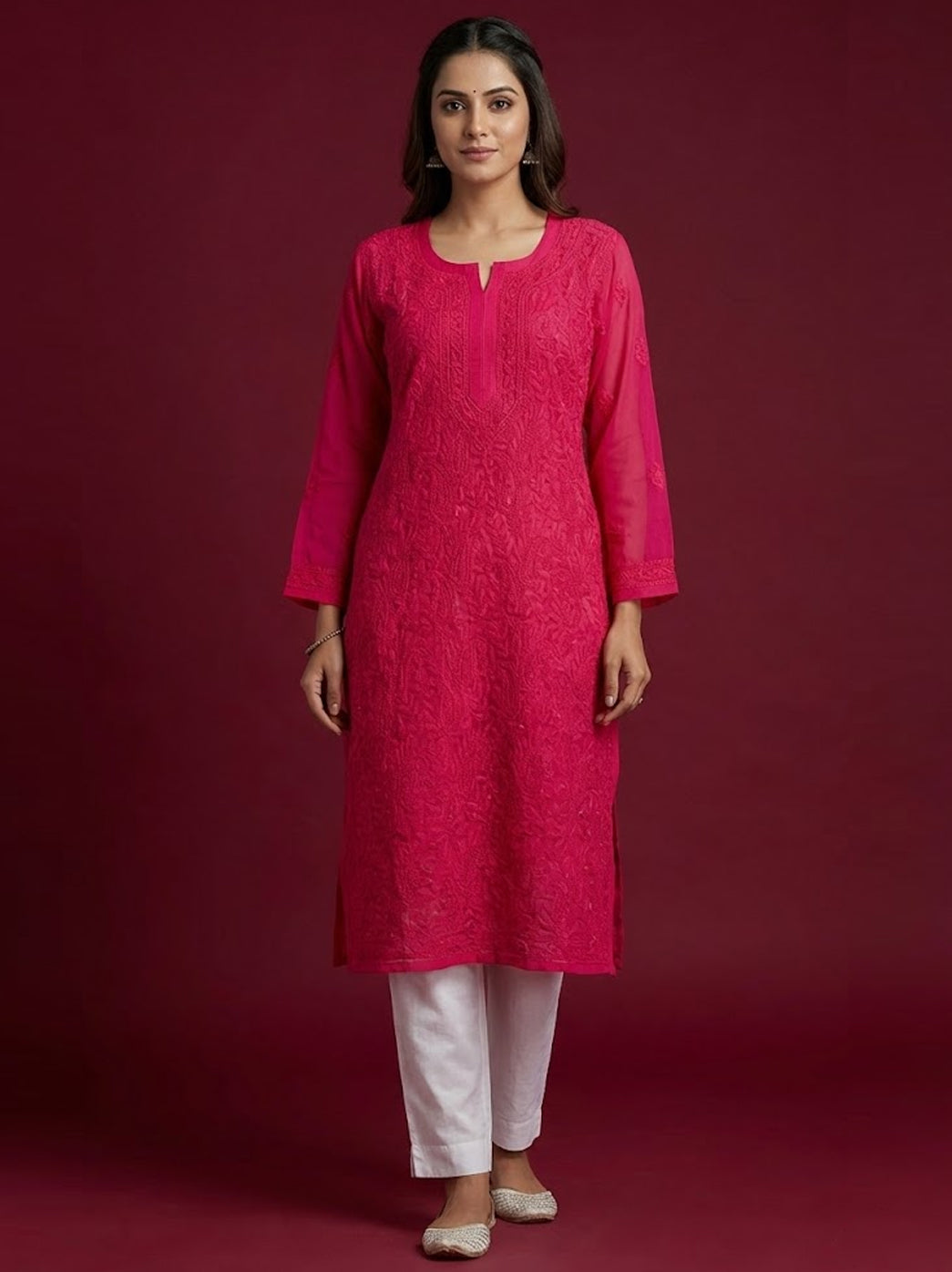 Red Georgette Chikankari Straight Kurti